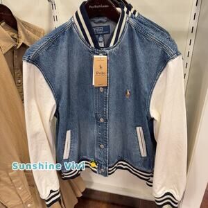 NWT Polo Ralph Lauren Women's DENIM Varsity BOMBER Jacket Blue medium